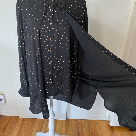 Cartise Black and Gold Polka Dot Button Down Shirt Sheer Front Overlay Panel 14 - Picture 3 of 11